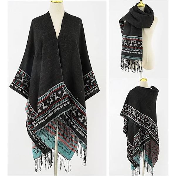 1 stk. Sort Fleece Poncho Dame Kappe Retro Åben Kvinde Vinter