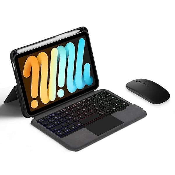 Lærfutteral + Bluetooth-tastatur med pekeplate og bakgrunnsbelysning for iPad mini (2024)
