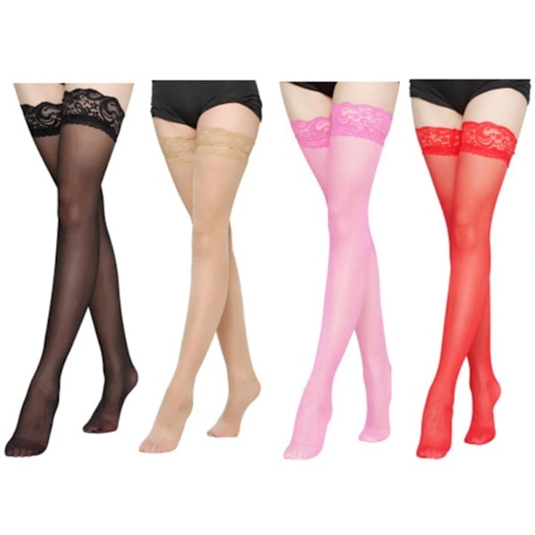 Par Blonde Lårhøje Strømper Tights Silkestrømper, Hold-Op Kompressionsstrømper, Transparente Mellemlårstrømper med Blondekant - One Size