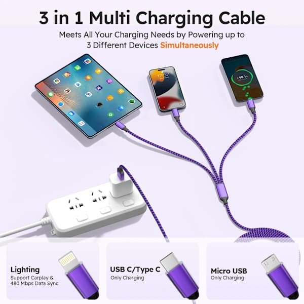 2025 Seneste Model USB A + USB C Multi Opladerkabel, 3-i-1 Opladerkabel, Universaloplader til Flere Enheder, Telefonopladningskabel m