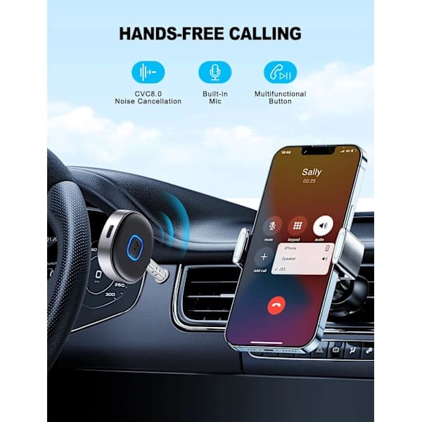 Bluetooth 5.3 AUX-mottaker, 3,5 mm trådløs lydadapter med håndfri samtale, dobbel sammenkobling for bilstereo, hjemmehøyttalere, 16 timer