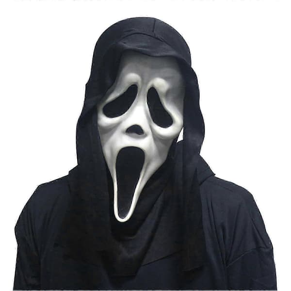 Scream-naamio mustalla hupulla, aavekasvot, Halloween-naamiaisasuste