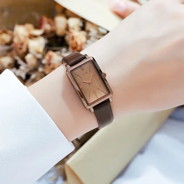 Läderarmband Liten Fyrkantig Klocka Dam Liten modeklocka Kaffe