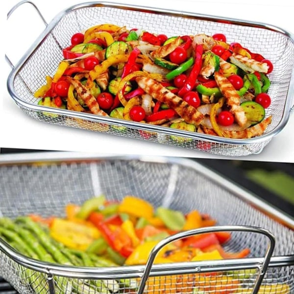 Grillkorg i rostfritt stål, Grillkorg för grönsaker, Kvadratisk durkslagskorg, Fritöskorg - Utomhusmatlagning