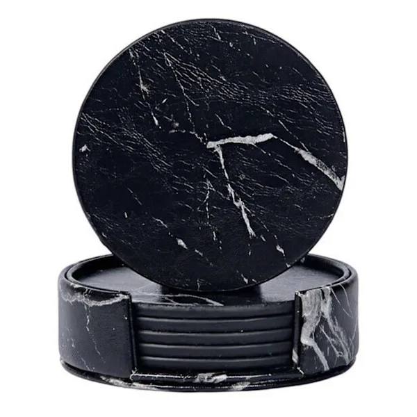 6-Pack Reversible Coasters Black Marble PU with Holder Black