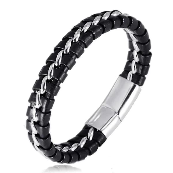 Drenge Børn Ægte Læder Armbånd Sort Titan Sølv Kæde Magnetlås 7 \"/18cm