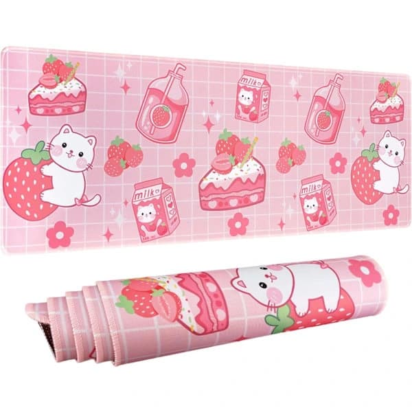 Kawaii gaming musematte for skrivebord, ekstra stor katt jordbærmelk musematte, rosa musematte XL, søt musematte anime