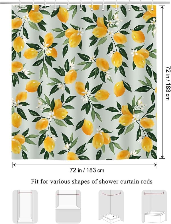 Dusjforheng, vanntett muggbestandig maskinvaskbar polyester, sitrontrykk for bad og badekar, 180 x 180 cm