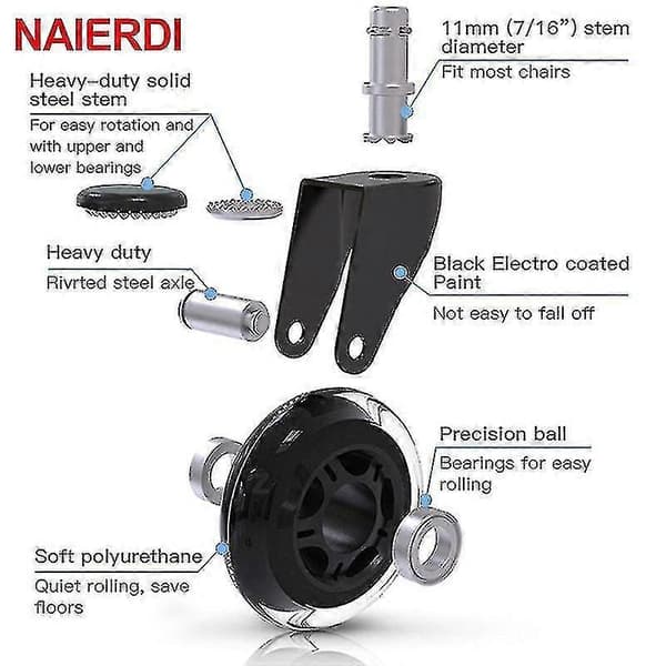 Swivel Rubber Caster Office Chair Wheels Replacement 60kg Soft Safe Rollerblade Style 11mm
