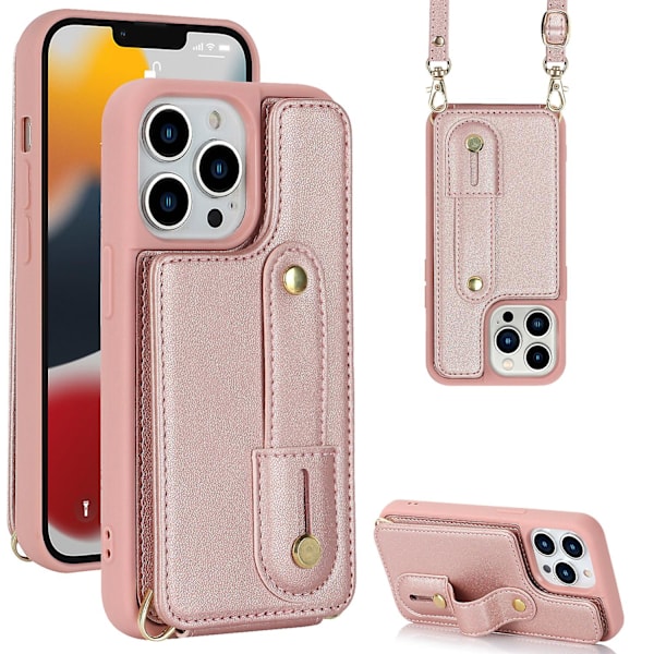 For iPhone 12/12 Pro Kortholder Telefondeksel Armbånd Støtte Pu Lær+tpu Deksel Rose Gold
