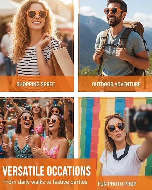 Hjerteformede solbriller sæt med UV-beskyttelse polycarbonatstel til kvinder og mænd festivaler bryllupper fester orange