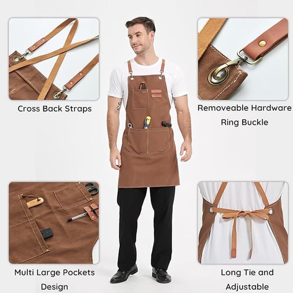 Unisex forkle, polyester bomull, justerbare kryssstropper, 3 lommer, for matlaging, baking og kreativt arbeid, brun, 68 x 75 cm