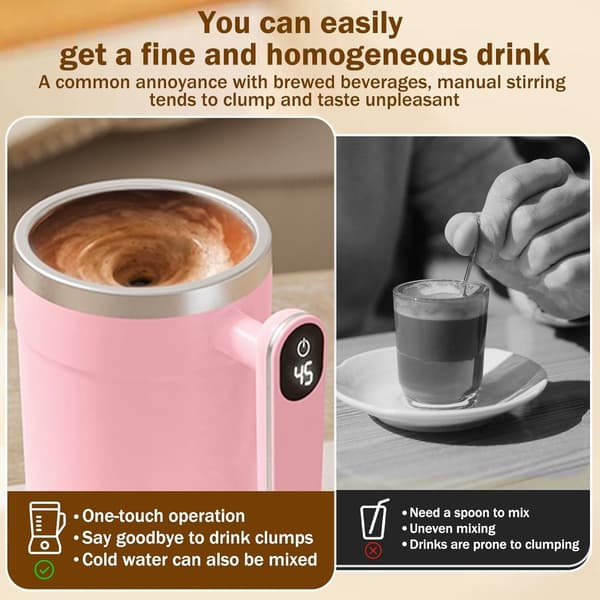 Selvrørende krus, 304 rustfrit stål, automatisk blanding, temperaturdisplay, lækagesikkert låg, til kaffe, te, shakes, pink 400 ml