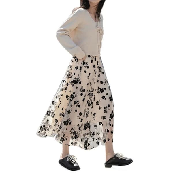 Blommig Mesh Overlay -tyllihame naisille, khaki[ca]