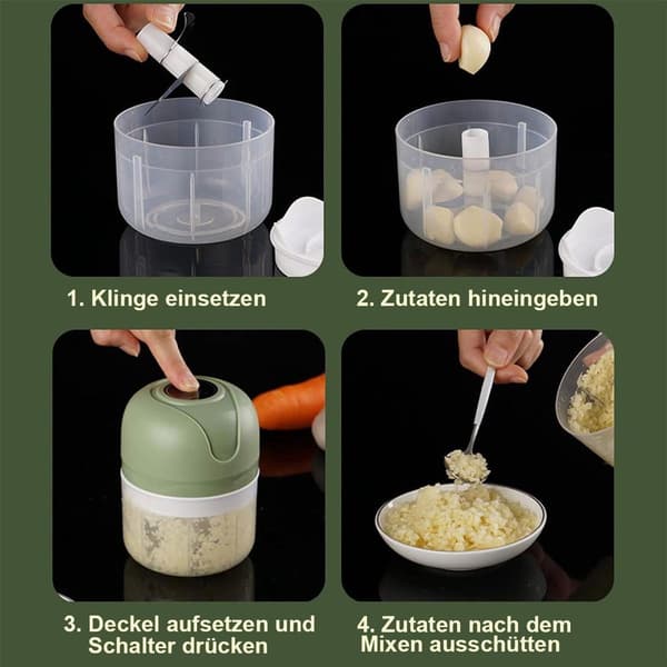 Mini mathakker, 250 ml USB oppladbar med 3 rustfrie stålblader, for hvitløk, grønnsaker, babymat og camping, grønn