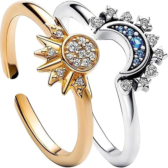 Himmelsk Ring med Sol og Måne, Sol og Måne Lysende Sammen Design Følelse Lag Dame Ring, Diamantbesat Åben Ring