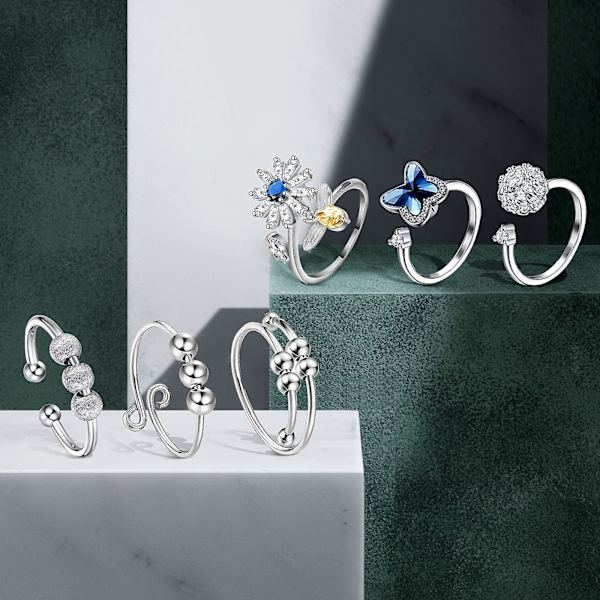 6 stk Fidget Angst Ringe Justerbare Ringe Sæt Justerbare Ringe Fidget Ringe Dampærle Armbånd
