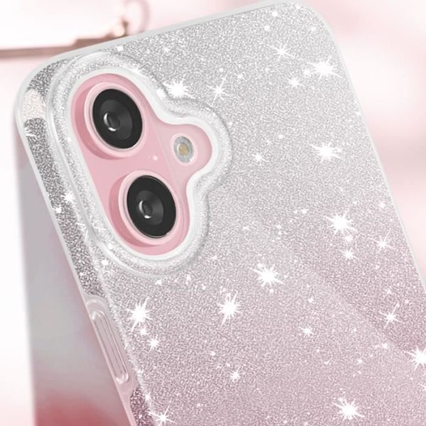 Glitteretui for iPhone 16 Hybrid Glamor Design Hvit/Rosa Black