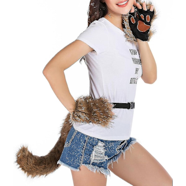 Konstgjord Pälsräv Svans Katt Varulv Cosplay Kostym Set Plysch Mask Fluffiga Tassar Handskar Halloween Jul - hao-WELLNGS Black