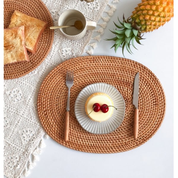 Rattan Dækkeserviet Naturlig Håndlavet Rattan Varmebestandig Dækkeserviet Isolering Rattan Grydelapper (15,7x11,8 TOMMER)