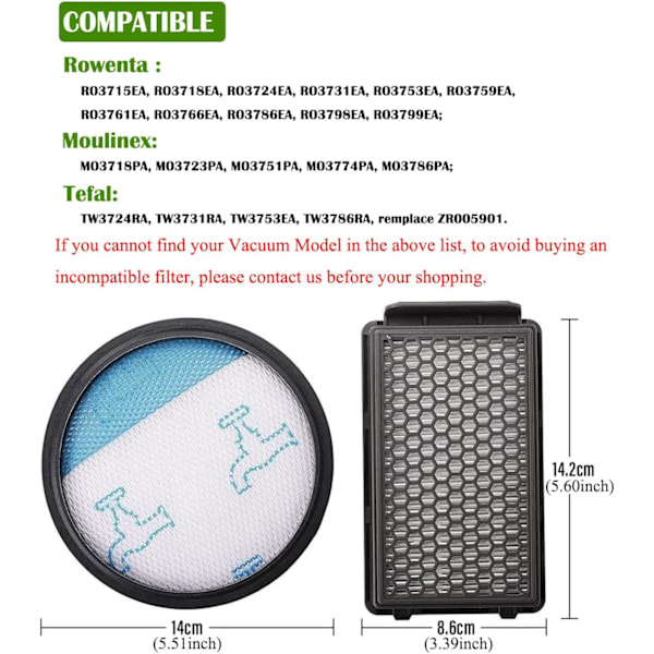 2 filtre til støvsuger Rowenta ZR005901 Moulinex Tefal Compact Power Cyclonic Rowenta RO3731EA, RO3753EA, RO3786EA