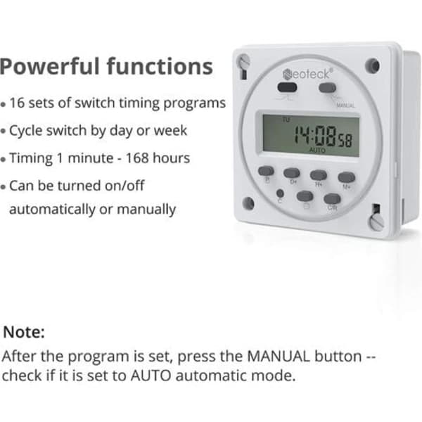 Programmerbar Timer 12V 16A med 16 programmer, LCD-skjerm og tyverisikring