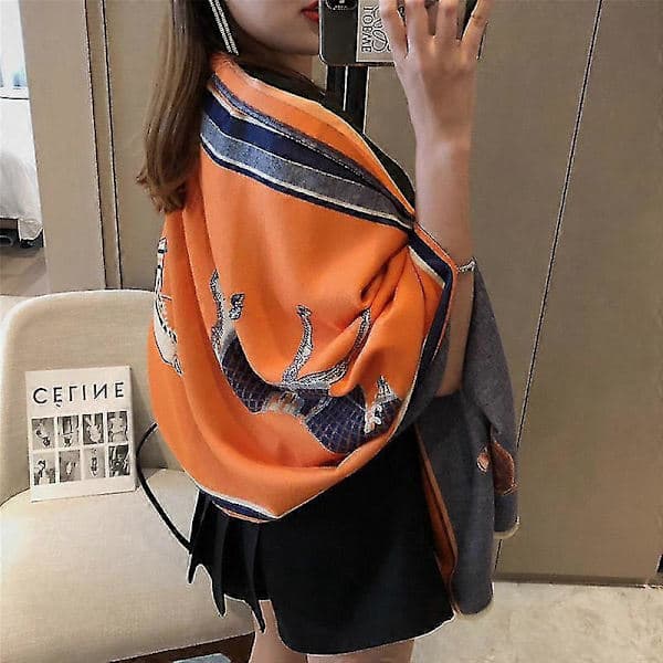 Lång sjal för kvinnor, imiterad kashmir, hästtryck, orange