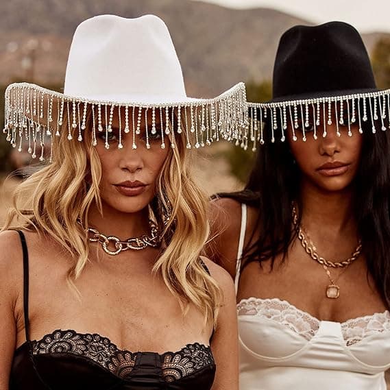 Glitrende cowboyhat til damer, bred skygge, rhinsten, kvaster, stor westernhat til cowgirls, til klubfester
