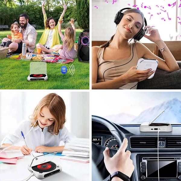 Bärbar CD-spelare med Bluetooth 5.1, LCD-skärm, USB, 2000mAh batteri, upp till 7 timmar, för resor och studier, vit
