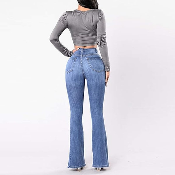 Naisten farkut korkealla vyötäröllä, leveät lahkeet, teinityttöjen levenevät farkut, joustavat hip-farkut, bootcut-boyfriend-farkut, löysät farkut, rennot housut (L)