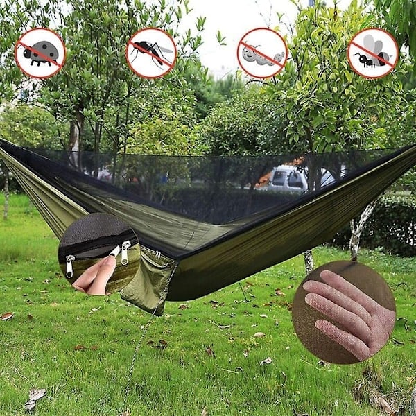 Hængekøje med myggenet og presenning samt stropper, 200 kg lastkapacitet, 290 x 140 cm, letvægts åndbar dobbelthængekøje i nylon - Perfet-Xin