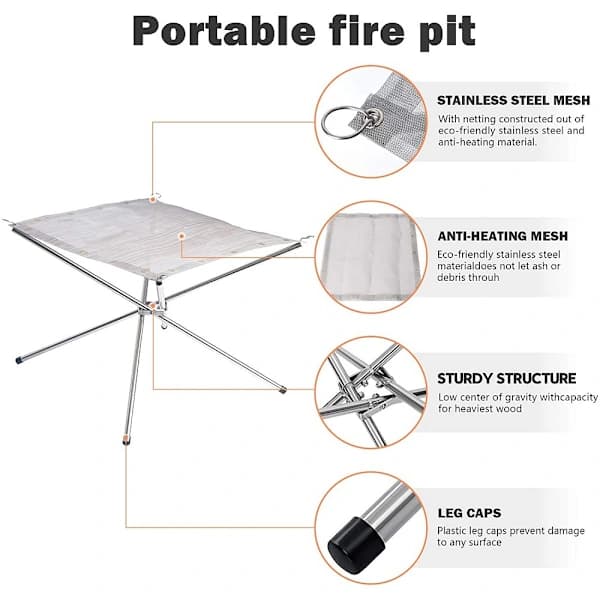 Bærbar udendørs bålplads foldbar rustfrit stål net træbrændende lejrbålsgrill til camping picnic strand baghave 41,5 cm