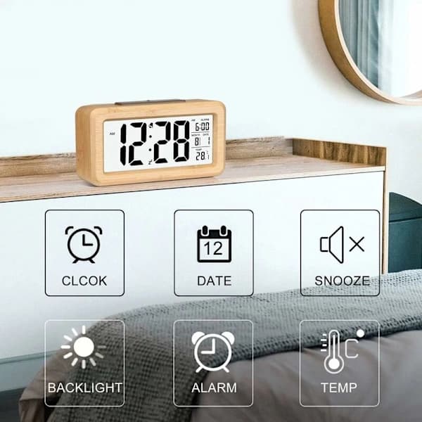 Enkel Installation Bambu Digital Väckarklocka med Temperatur, Digital Väckarklocka, för Sovrum