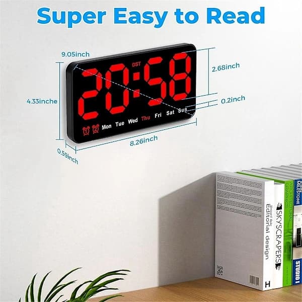 Digital väggklocka, 9 tum LED digital klockdisplay med 12/24H, stora siffror, liten tyst väggklocka