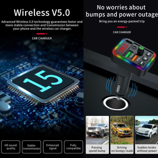 Bluetooth FM-Sender Billader USB-C RGB Sort