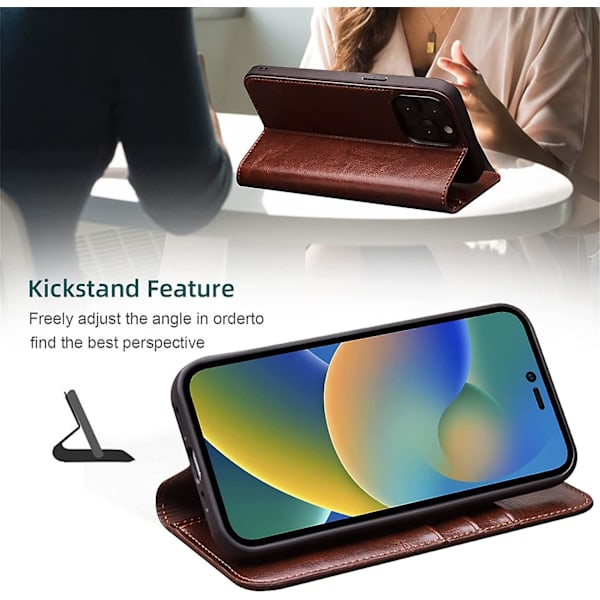 Læderetui til iPhone 14/14 Plus/14 Pro/14 Pro Max, Premium Ægte Læder og TPU Inderskal Slimline Magnetisk Folio Cover med 3 Kortlommer Iphone 14