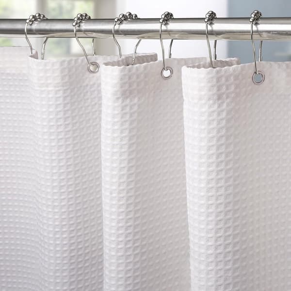 Dusjforheng, vanntett polyester vaffeltekstur med 12 plastkroker for baderomsbadekar og dusjer, hvit, 180 x 180 cm