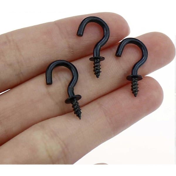 Black 200 Pcs 20.6x12.2 mm Mini Ceiling Screw Hooks, Screw in Hooks for Hanging Plants, Cups, Decorations