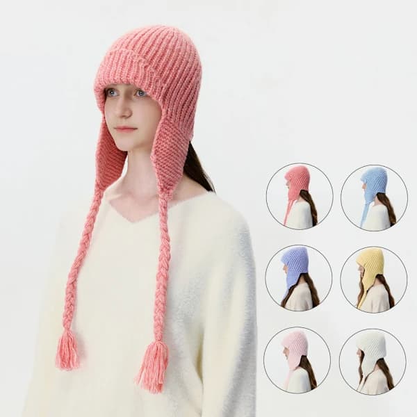 Unisex Kabelstickad Öronlappsmössa - Varm Höst/Vinter Vindtät Mössa i Ullmix, Himmelsblå