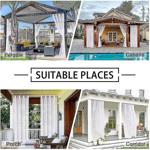 2 stk. utendørsgardiner for uteplass, avtakbare for enkel vanntett transparent gardin for veranda, hage, lysthus