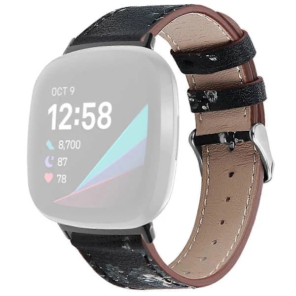 Til Fitbit Versa 4/Sense 2 Afrundet Ægte Læder Armbånd Justerbar Urrem Sort/Hvid Blomst