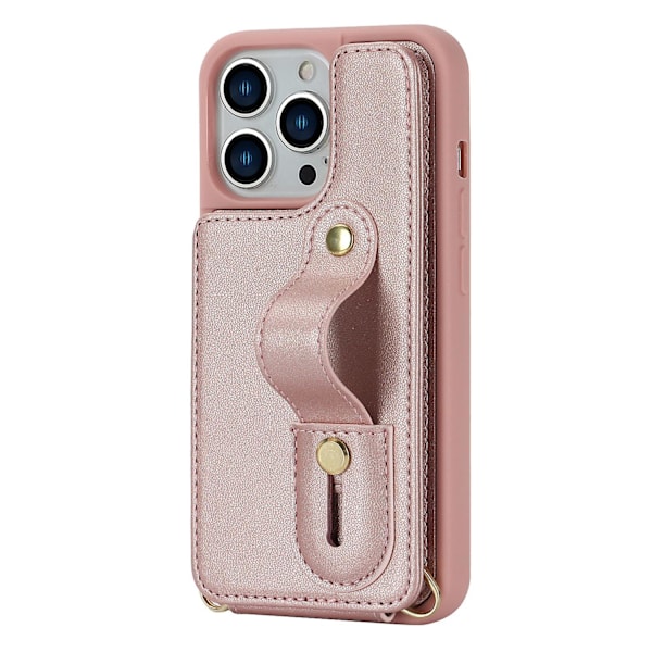 Telefonveske med kortholder, armbånd, kickstand for iPhone 12/12 Pro - PU-lær + TPU-deksel Rose Gold