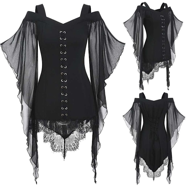 Women Gothic Criss Cross Lace Insert  Sleeve T-shirt Plus Size Tops