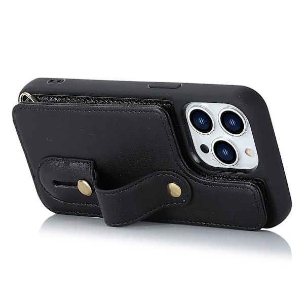 For iPhone 12/12 Pro Kortholder Telefondeksel Armbånd Støtte Pu Lær+tpu Deksel Black