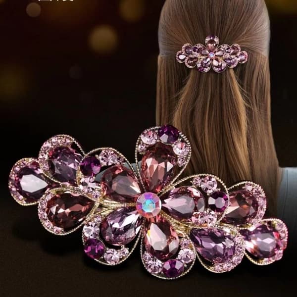 Blomma Hårspänne Kristall Strass Hårklämma Glänsande Stål Håraccessoar för Kvinnor Present 8 x 4 cm