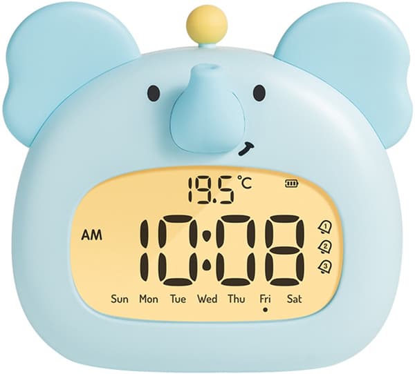 Børnevækkeur, Elefant Natlampe, Digital Søvntræner Med LED Display, 3 Alarmer, Nedtællingstimer, Genopladelig, Blå