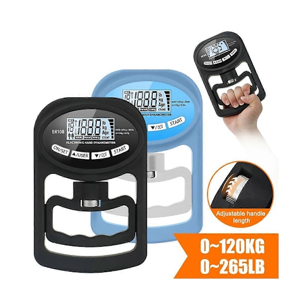 CASA Gripstyrketester 120 kg Digital Hånddynamometer Gripstyrkemåler USB LCD-skærm, Blå