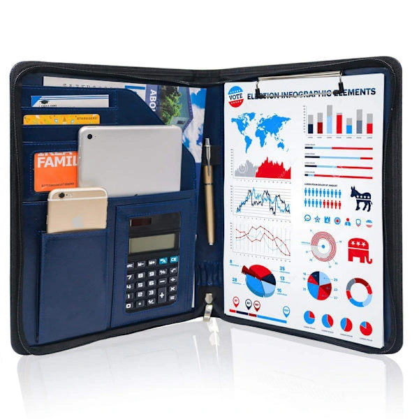 Blue Leather Portfolio A4 Size with Snap Closure and Document Clips