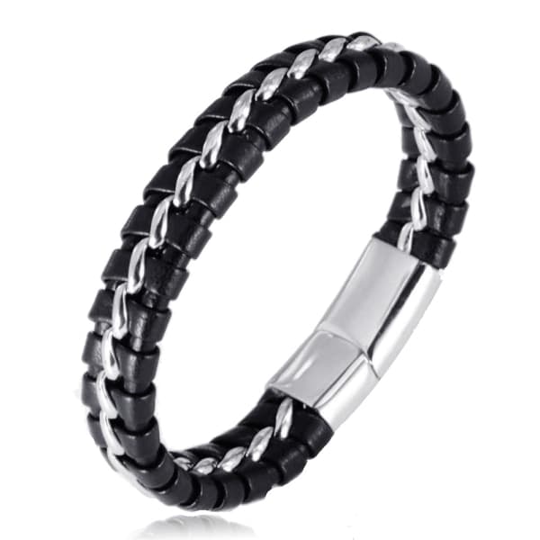 Børne Drenge Ægte Læder Armbånd Sort. Titan Sølv Kæde