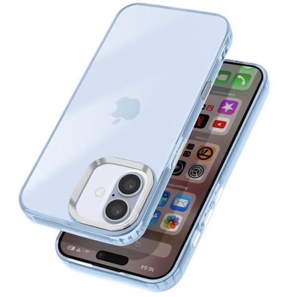 iPhone 16 Soft Smoke Finish Contour Kamera Metalisk Lyseblå Etui Transparent